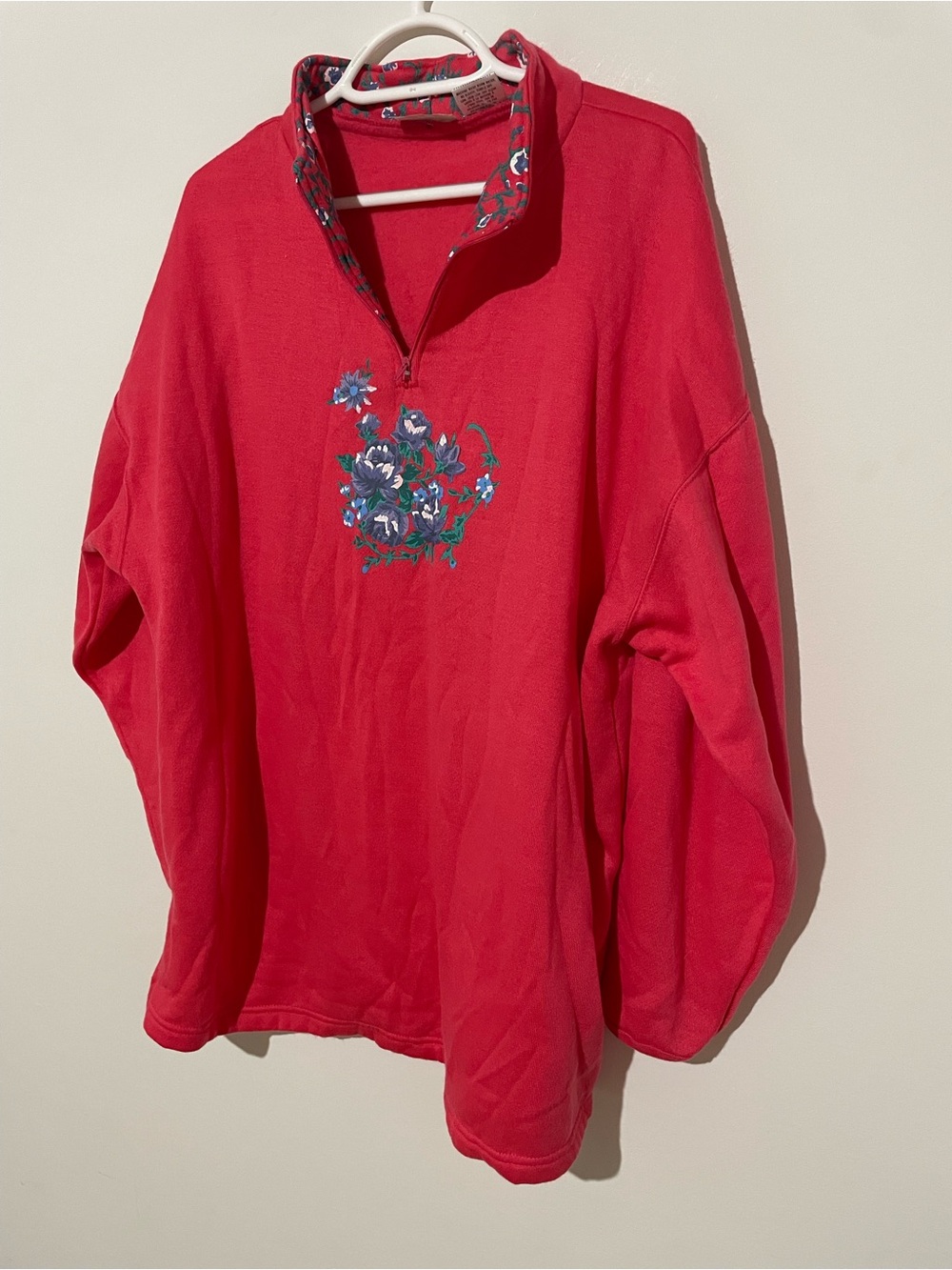 Vintage Half-Zip Pullover with Floral Embroidery